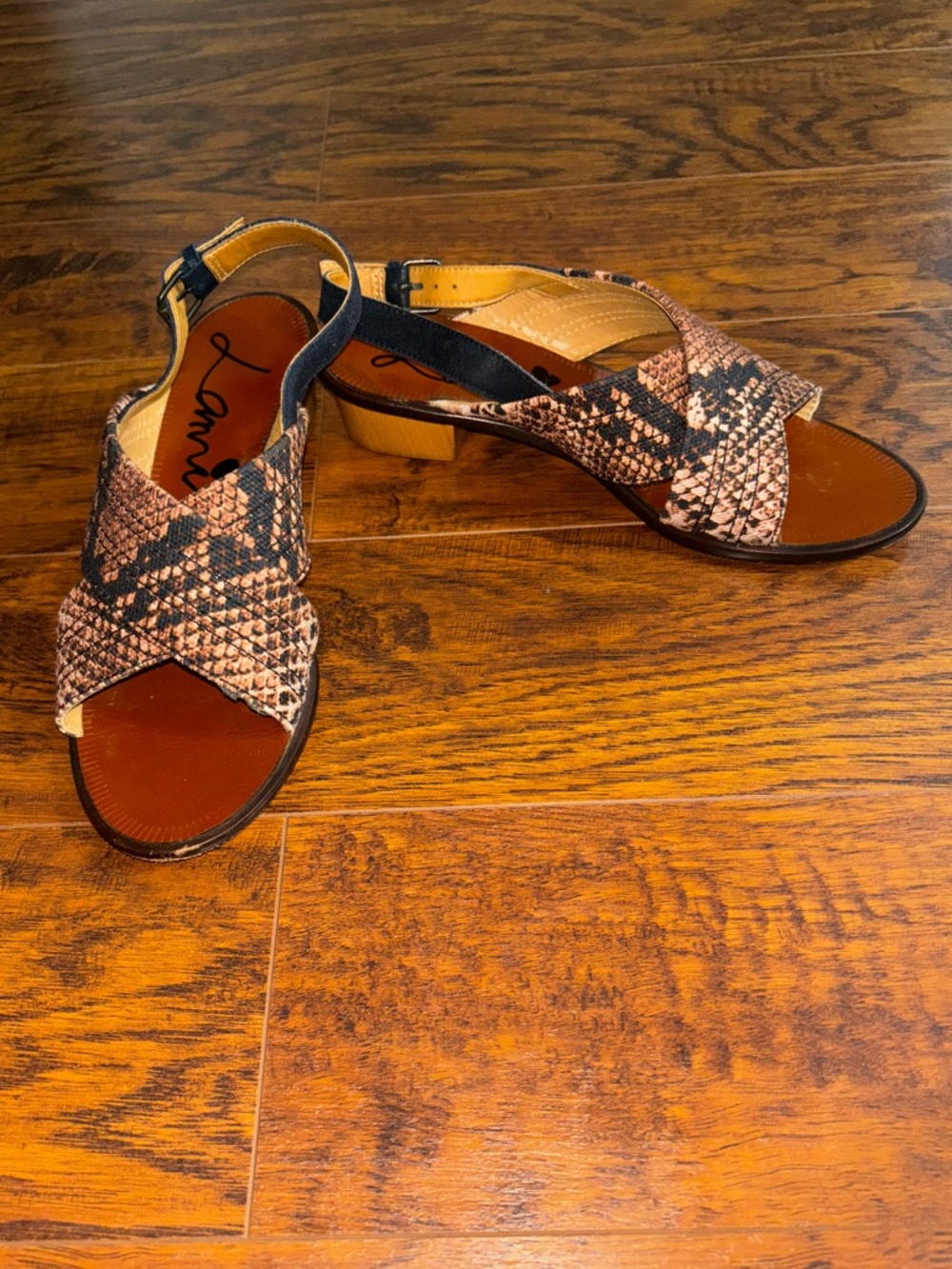 Lanvin Snake-Print Brown Slingback Sandals Made in Italy Heels Genuine Leather